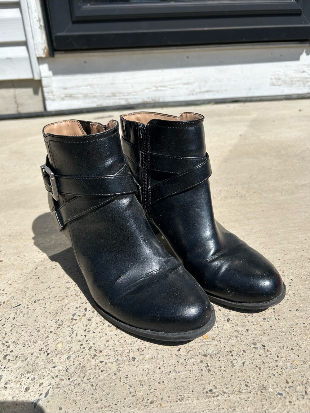 Abella Black Leather Ankle Booties with Buckle Straps